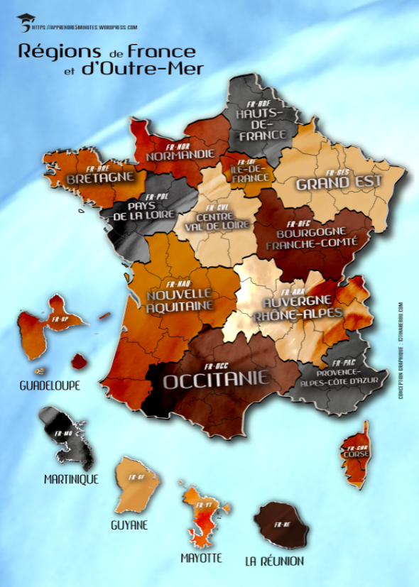 Carte des régions de France métropolitaine et d'Outre-Mer.